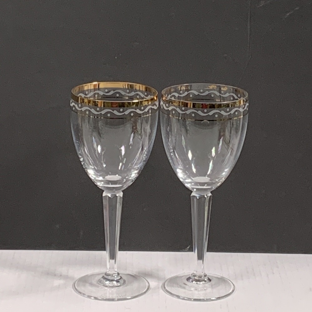 Christian Dior Pair Vintage Wine Glasses Gold Trim 7.75" T x 3.25" Diam 8 Oz